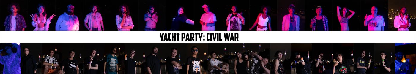 Yacht Party: Civil War. Night portraits of everyone on TASH's two yachts, one yacht per row, with the Toronto skyline behind them