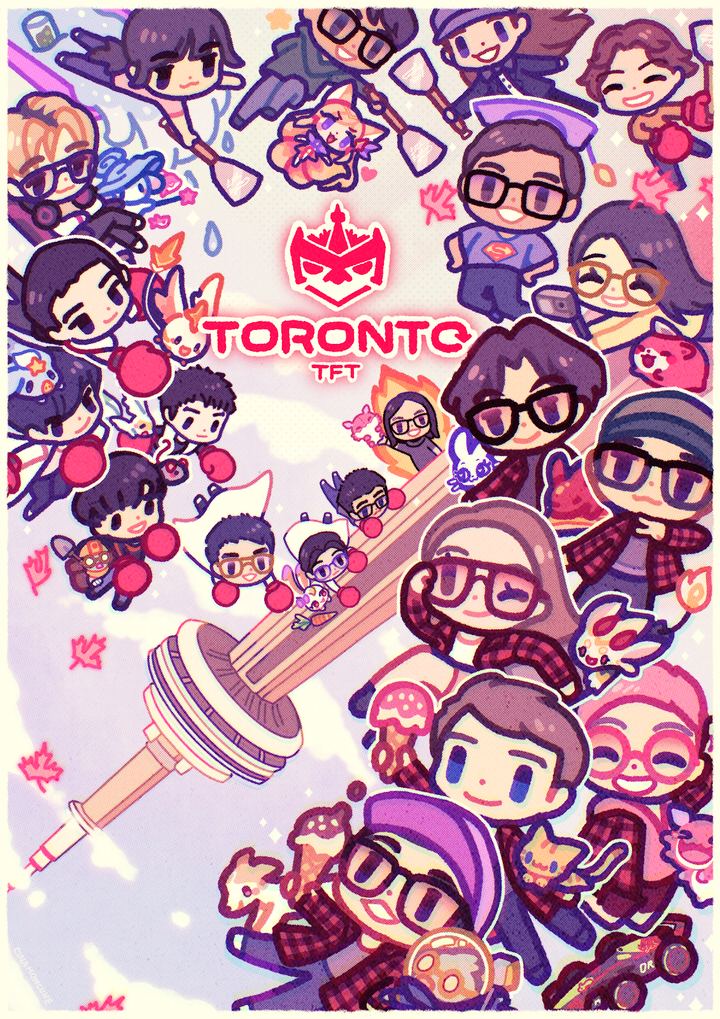 Anniversary art by Cinamoncune: community members drawn around the Toronto TFT logo and the CN Tower