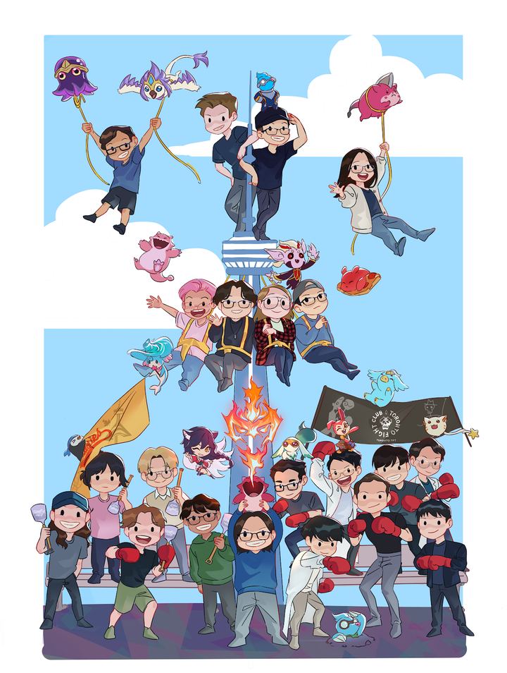 Anniversary art by Ruuzuka: community members and Little Legends climbing and flying around the CN Tower