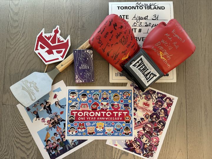 Toronto TFT merch and prizes: signed boxing gloves, art prints, stickers and a spatula