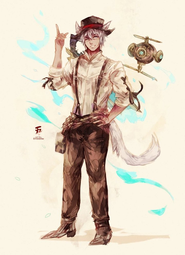 A commission of L'orho Tia by fiveonthe: a white-haired Miqo'te in a black hat with a red band, a white shirt and suspenders, winking beside a hovering mechanical drone