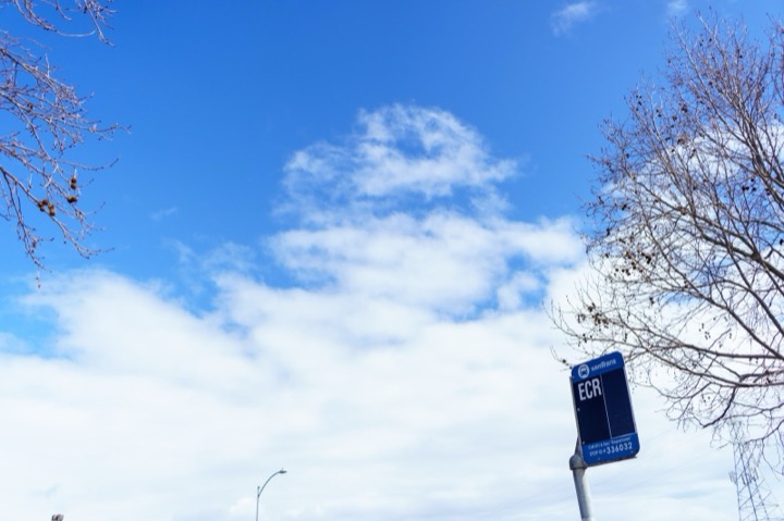 White clouds in a blue sky above bare branches and a street sign