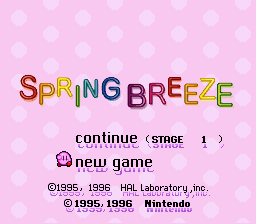Spring Breeze title screen with New Game and Continue options