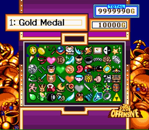 The Great Cave Offensive's treasure screen: a grid of collected treasures and a Gold Medal