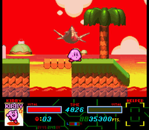 Kirby in the foreground with the Halberd battleship flying in the background