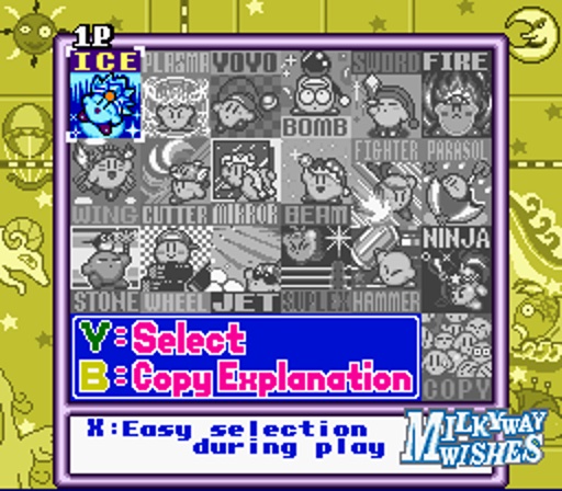 The Milky Way Wishes pause screen, tracking which copy abilities you can use