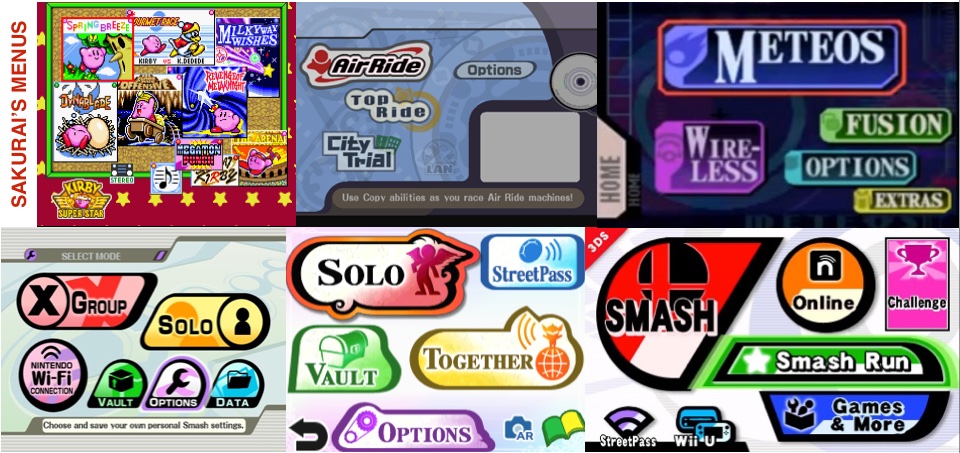 Main menus from Sakurai's games, all using the same layout of large tiled options