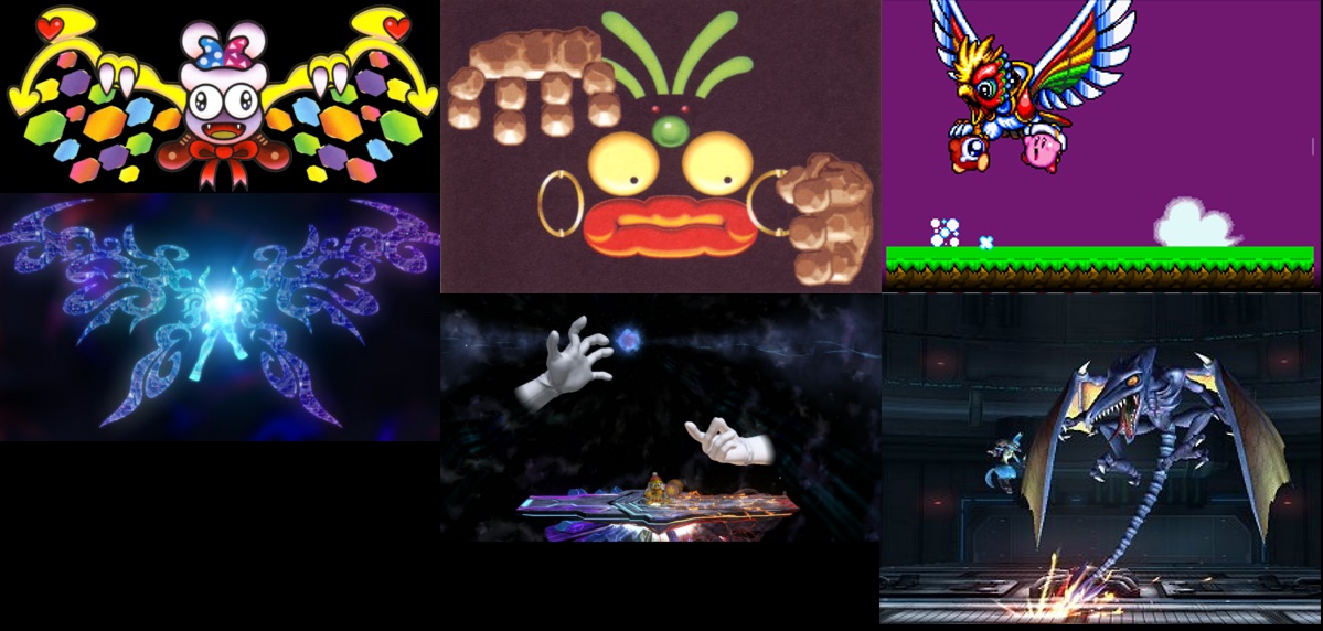 Kirby Super Star bosses on top, with the Super Smash Bros. moments they inspired below