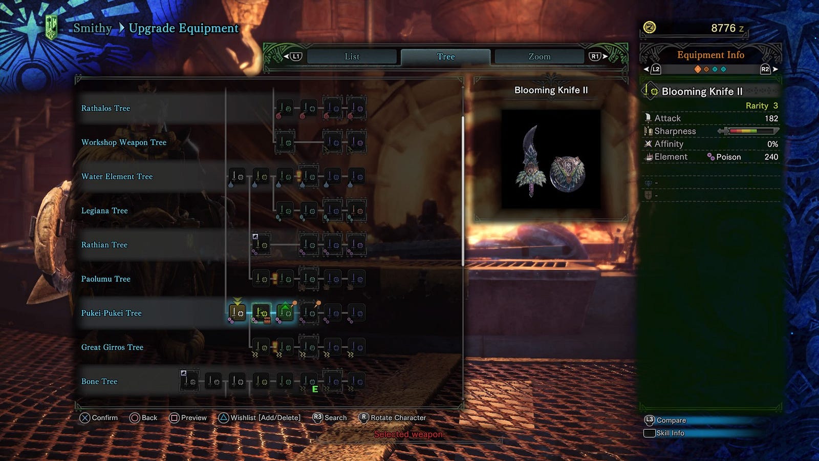 The weapon upgrade tree for the Sword and Shield