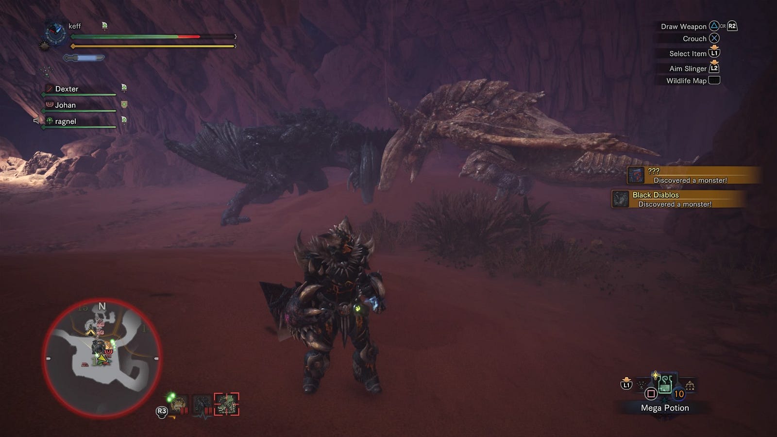 A hunter fighting a monster in a dark area, with the game's HUD visible