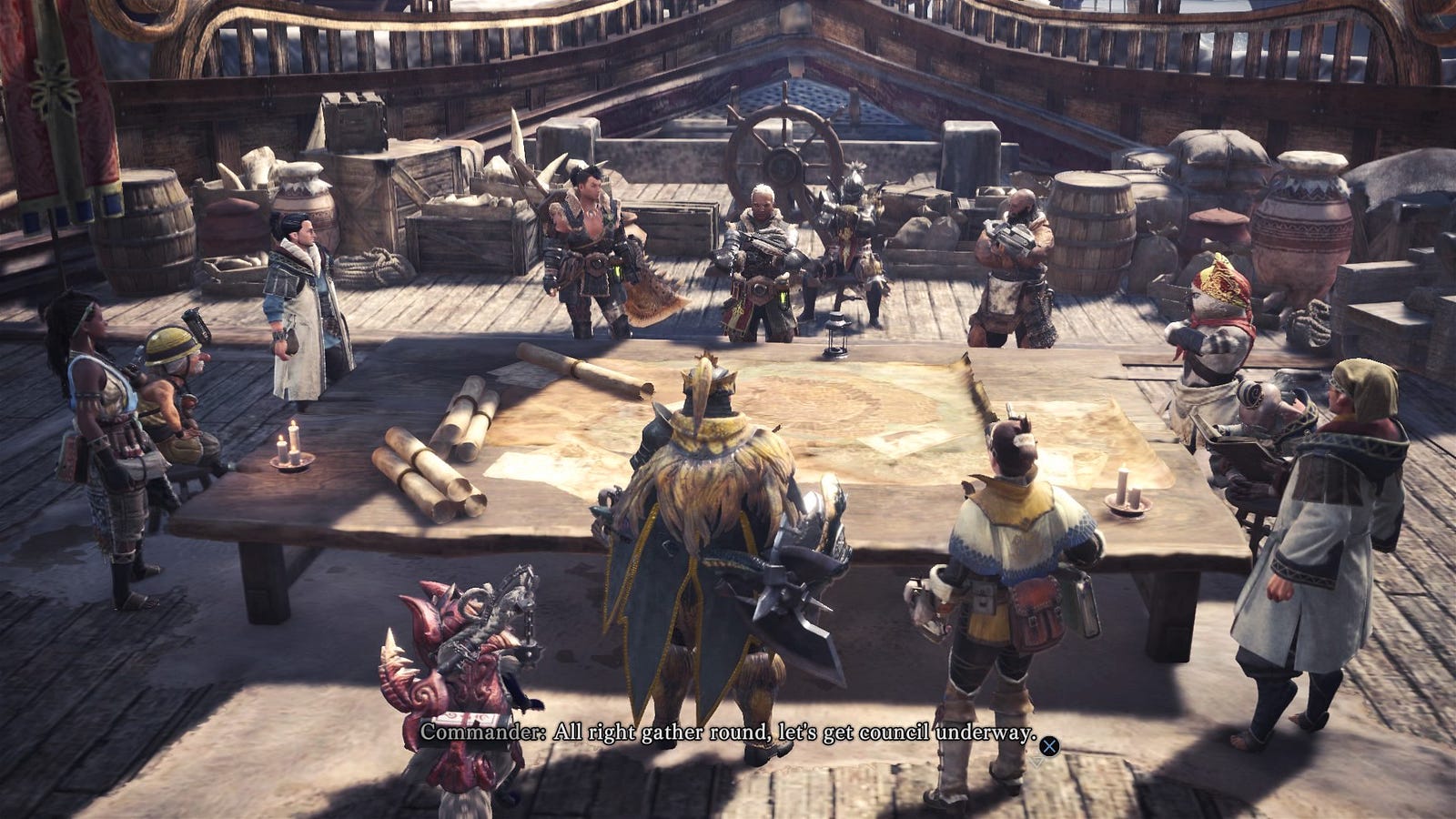Hunters gathered around the tables of the Gathering Hub
