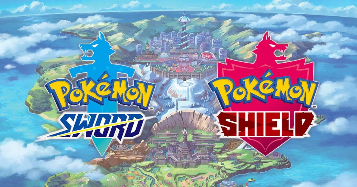Pokémon Sword and Shield logos over a map of the Galar region
