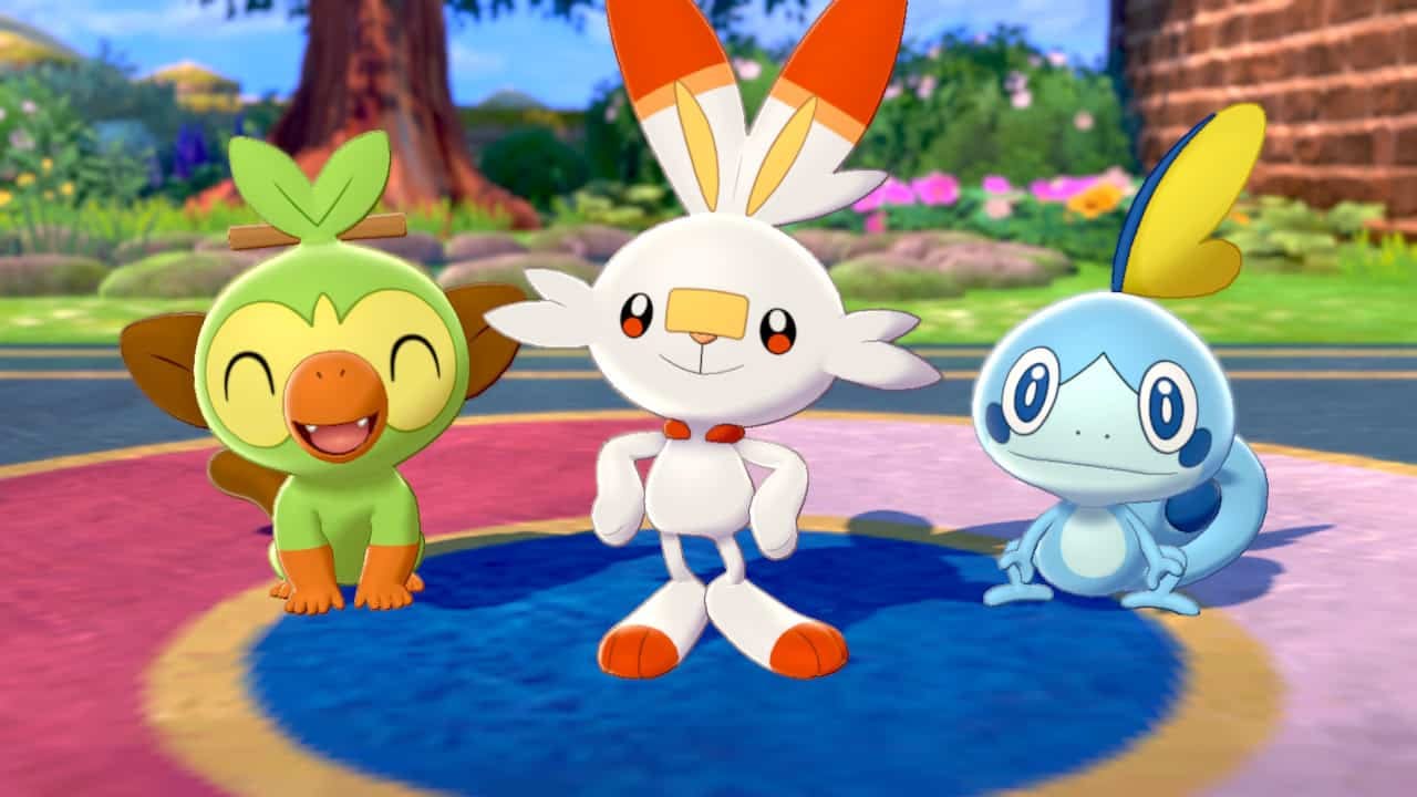 The three starters: Grookey, Scorbunny and Sobble