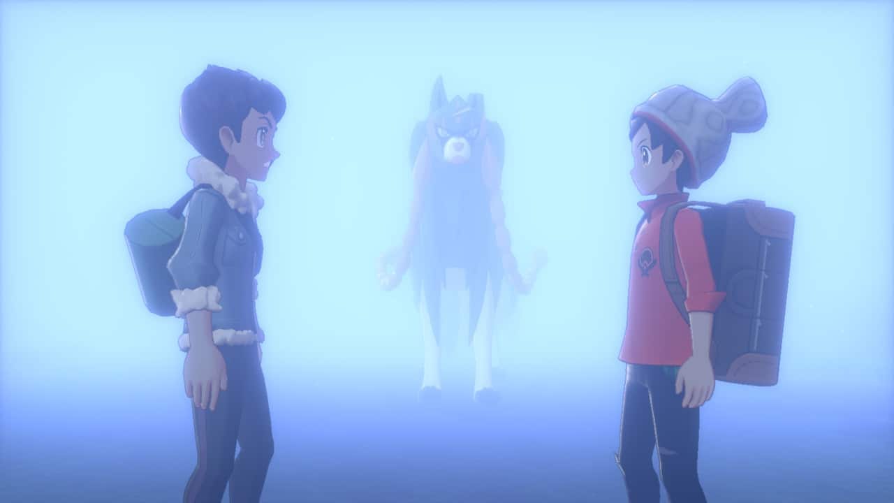 The player and rival in thick fog, with the silhouette of a legendary wolf between them