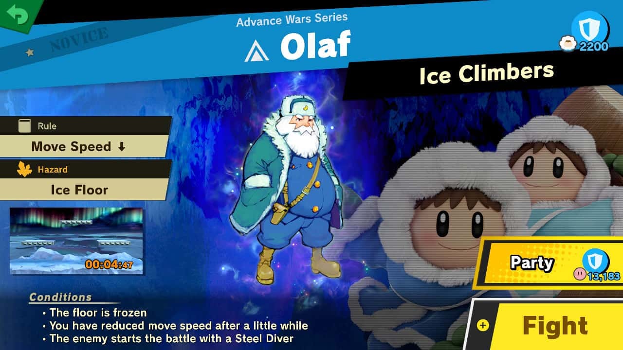 Spirit battle preview for Olaf from Advance Wars, played by the Ice Climbers, with the battle conditions listed