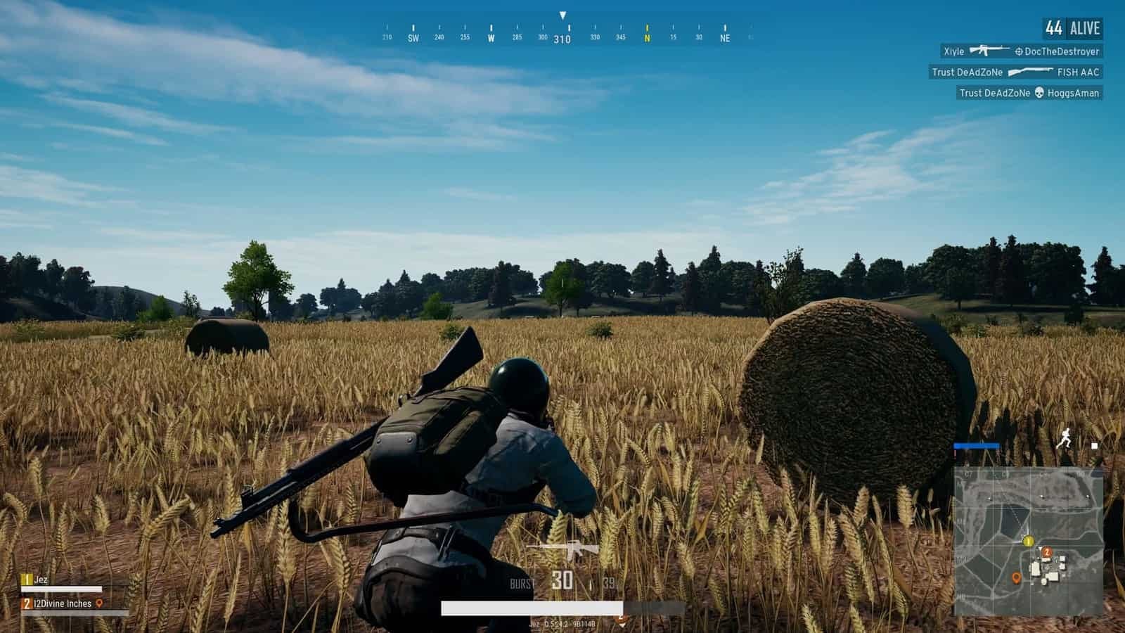 PUBG: a player crouching with a rifle in a wheat field
