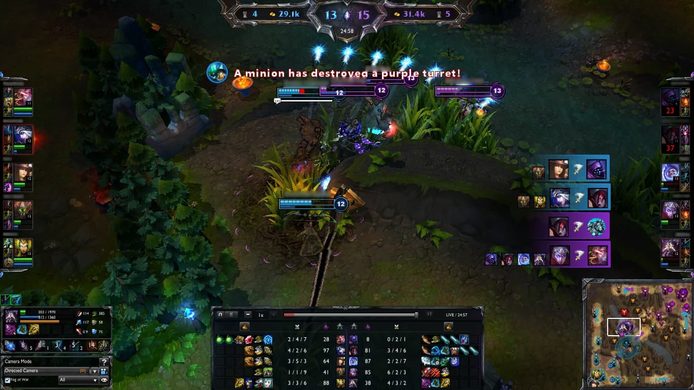 A League of Legends match with a busy HUD full of information